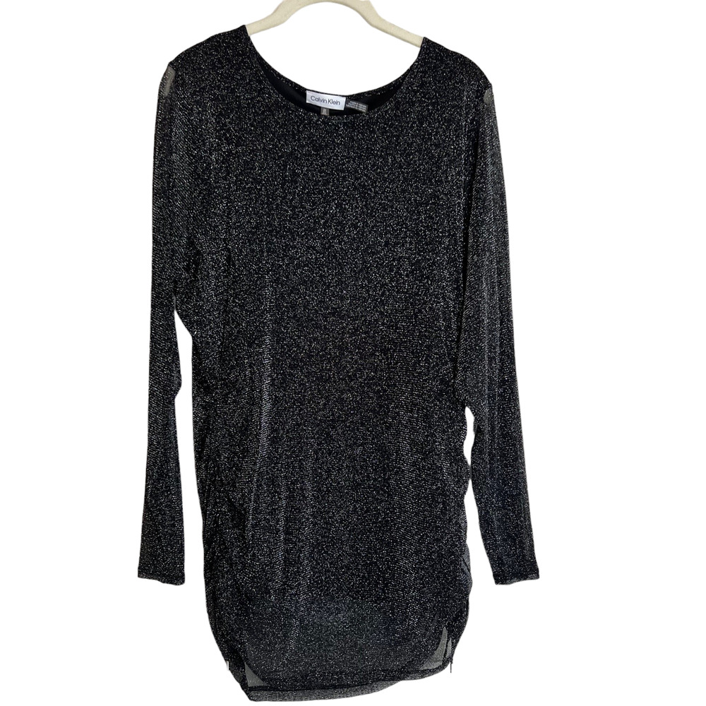 Calvin Klein Woman Black Shimmery Top Plus Size 1X Illusion Sleeves Ruched Sides